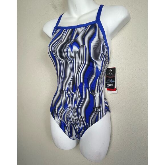 NWT Speedo Endurance+ Flyback One Piece Swimsuit Size 6/32 – Blue Gray White - Picture 4 of 9